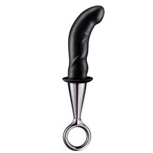 Dream Toys Чёрный изогнутый ребристый анальный плаг ANAL PLUG WITH PLATED HANDLE (черный с серебристым)