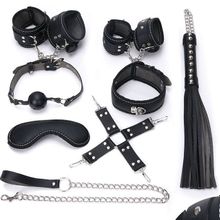 Пикантный черный набор БДСМ: маска, ошейник, кляп, фиксатор, наручники, оковы, плеть Черный