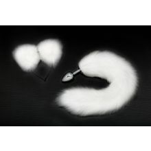 Серебристая анальная пробка с белым хвостиком и ободком-ушками Белый