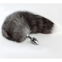 Серебристая анальная пробка с серым хвостиком (235874)