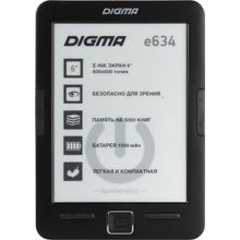Электронная книга Digma E634    Black    (6", mono, 800x600, 4Gb, FB2   PDF   DJVU   RTF   CHM   EPUB   DOC   JPG   BMP, microSDHC, USB2.0)