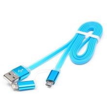 Кабель USB 2.0 Am=>micro B + Lightning - 1.0 м, плоский, голубой, метал., Cablexpert (CC-mAPUSB2bl1)