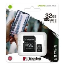 Карта памяти Micro SDHC 32Gb Kingston Class 10 Canvas Select + UHS-I U1 A1, 100 Мб с + адаптер SD