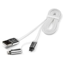 Кабель USB 2.0 Am=>micro B + Lightning - 1.0 м, плоский, белый, метал., Cablexpert (CC-mAPUSB2w1m)