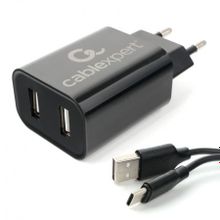 Зарядное устройство Cablexpert MP3A-PC-37 110 220V->5V, 2.4A 2xUSB + кабель Type C, черное