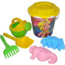 Набор №356: ведро с наклейкой, ситечко Солнышко, лопатка №5, грабельки №5, формочки (краб №1 + морской конёк), лейка малая №4