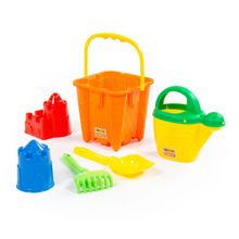 Набор №553: ведро-замок большое №2, лопатка №5, грабельки №5, формочки (замок башня + замок квадратный), лейка №10