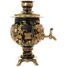 Электрический самовар 3 литра с росписью "Золотые цветы на черном фоне", 110 Вт (для заграницы) с автоматическим отключением при закипании, арт. 140408з