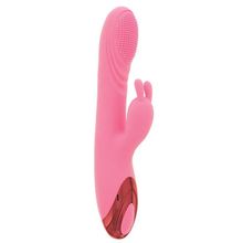 Розовый вибратор HEATING BRUSH BUNNY со стимулятором клитора и нагревом - 24 см. Розовый