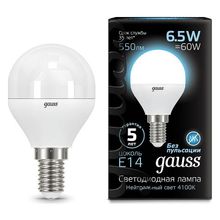 Gauss Лампа светодиодная Gauss LED Globe E14 6.5Вт 4100K 105101207 ID - 430183