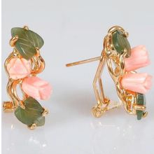 Серьги с кораллом и нефритом "2 розы 2 листа"