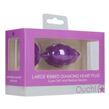 Фиолетовая анальная пробка Large Ribbed Diamond Heart Plug - 8 см. (222026)