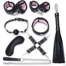 Bior toys Пикантный черно-розовый набор БДСМ: маска, ошейник, кляп, фиксатор, наручники, оковы, плеть