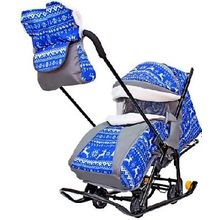 R-toys Санки-коляска SNOW GALAXY LUXE Зимняя ночь Олени синие на больших мягких колесах+сумка+муфта