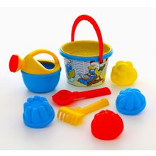 Смурфики-5 набор №3: ведро среднее с наклейкой, ситечко, совок №2, грабельки №2, лейка малая №4, формочки 4 шт.