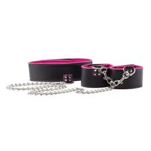 Shots Media BV Чёрно-розовый двусторонний ошейник с наручниками Reversible Collar and Wrist Cuffs (черный с розовым)