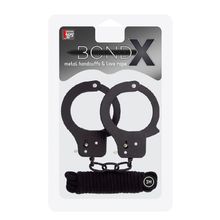 Чёрные наручники из листового металла в комплекте с веревкой BONDX METAL CUFFS LOVE ROPE SET Черный