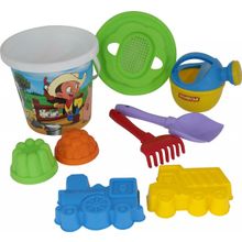 Набор №170: ведро с наклейкой, ситечко Солнышко, лопатка №5, грабельки №5, формочки (самосвал + паровоз), 2 формочки, лейка малая №4