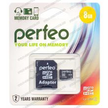 Карта памят 8 Gb Perfeo MicroSD (Class4) с SD адаптером