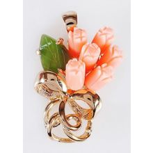 Кулон с кораллом и нефритом "6 роз лист бант"