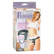 NMC Поясной виброфаллос на кожаных трусиках POTENT PLUNGER HARNESS WITH 8 VIBRATOR - 20,2 см. (телесный)