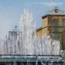 Картина на холсте маслом "Вид на фонтан и часовню. Новосибирск"