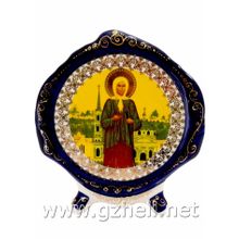 Тарелка с иконой на ножках "Блаженная Ксения". Гжельский фарфор. арт. 3472