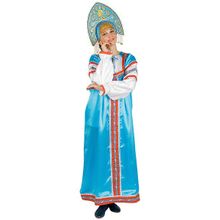 Русский народный костюм женский атласный комплект голубой "Василиса": сарафан и блузка, XS-L
