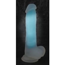 Светящийся в темноте фаллоимитатор на присоске - 20,5 см. белый с голубым