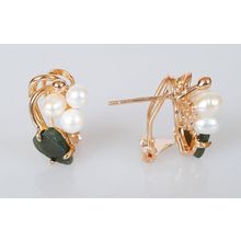 Серьги с жемчугом "Нефритом "3 жемчужины 1 листок тычинка"