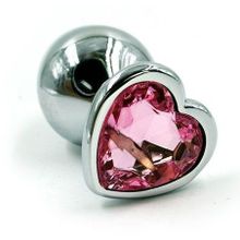 Серебристая анальная пробка с розовым кристаллом-сердцем - 6 см. Розовый