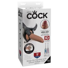 Кофейный поясной большой страпон Strap-On Harness with 9  Uncut Hollow Cock - 25,4 см. кофейный