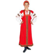 Русский народный костюм для танцев льняной комплект красный "Забава": сарафан и блузка, XL-XXXL