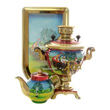 Набор самовар электрический 2 литра с чайником художественная роспись "Тройка летняя", арт. 141413