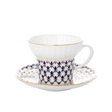 Чашка с блюдцем чайная форма "Волна", рисунок "Кобальтовая сетка", Императорский фарфоровый завод