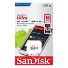 Карта памяти Micro SDHC 16Gb Sandisk Ultra Android Class 10 UHS-I, 80 Мб с (SDSQUNS-016G-GN3MN)