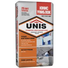 ЮНИС Униблок клей монтажный для ячеистого бетона (25кг)   UNIS Униблок цементный кладочно-монтажный клей для легких блоков (25кг)