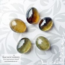 Гарнитур пять сертифицированных жёлто-зелёных апатитов с эффектом кошачьего глаза из Мадагаскара огранка овал кабошон 9х7мм 16 карат