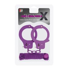 Фиолетовые наручники из листового металла в комплекте с веревкой BONDX METAL CUFFS LOVE ROPE SET