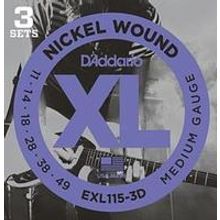 EXL115-3D Nickel Wound Струны для электрогитары, Medium Blues-Jazz Rock, 11-49, 3 компл., DAddario