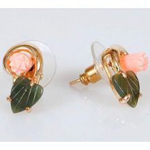 Серьги с кораллом и нефритом "1 роза 1 лист ободок"