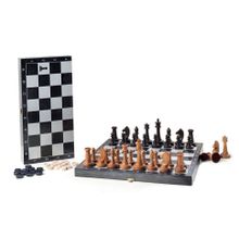 Игра 2в1 малая черная, рисунок серебро с гроссмейстерскими буковыми шахматами (шашки, шахматы) "Клас (364-19)