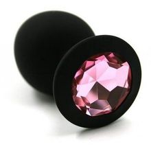 Анальная втулка черная с розовым кристалом Medium 8 см