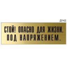 Информационная табличка «Стой! Опасно для жизни. Под напряжением.» на дверь прямоугольная Д142 (300х100 мм)