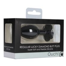 Черная анальная пробка с прозрачным кристаллом-клевером Regular Lucky Diamond Butt Plug - 7 см. (224681)