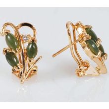 Серьги с нефритом "3 рис+циркон"