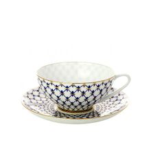 Фарфоровая чайная чашка с блюдцем форма "Купольная", рисунок "Кобальтовая сетка", Императорский фарфоровый завод