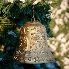 Новогодняя игрушка Колокольчик с рисунком, диаметр 250 мм (золотой)