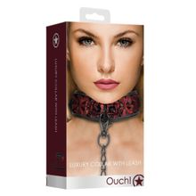 Shots Media BV Красно-черный широкий ошейник с поводком Luxury Collar with Leash