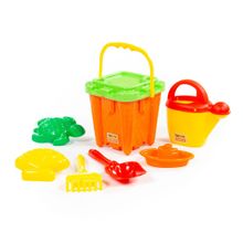 Набор №556: ведро-замок большое №2, ситечко-крепость большое, лопатка №5, грабельки №5, формочки (ракушка №2 + черепаха), кораблик Юнга, лейка №10